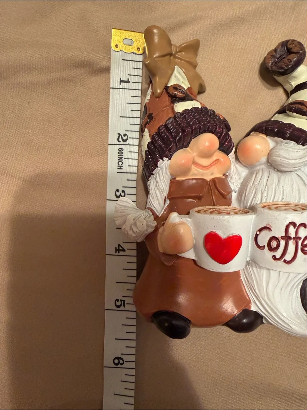Ceramic Gnome Couple Figurines with Coffee Mugs - Brown & White